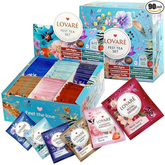 LOVARE Black and Green Tea Bags Variety Pack - Made in Ukraine Tea Sampler - Individually Wrapped 90 Assorted Tea Bags - Gift Box For Tea Lovers (FEST TEA SET)