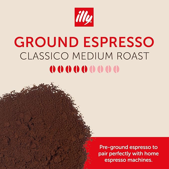 Illy Ground Espresso Coffee, Classico Medium Roast - Mild & Balanced - 100% Arabica - Pre-Ground for Espresso - Pressurized Packaging Sealed for Freshness - 8.8oz (Pack of 12)