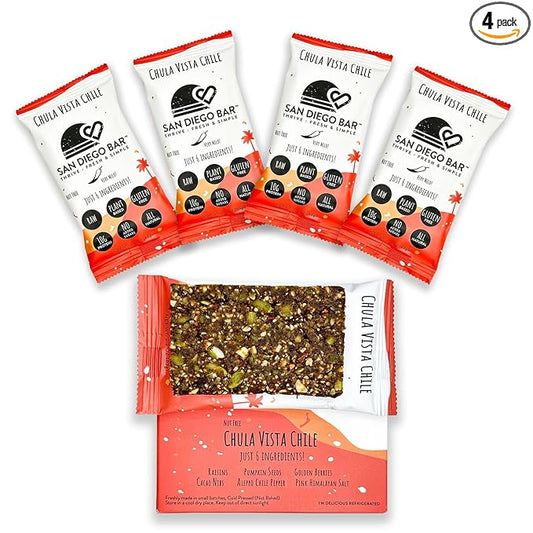 San Diego Bar-Chula Vista Chile | Chile Mild Heat | RAW & Vegan Protein Bars | Sugar-Free | Gluten Free | Breakfast Bars | Energy Bars | Snack Bars | 6 Whole Food Ingredients | Plant-Based Protein