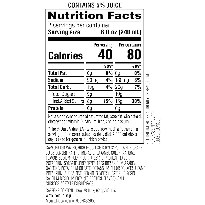 Mountain Dew Kickstart, Black Cherry, 92mg Caffeine, Vitamins B & C, 80 Calories, 5% Juice, 16 fl oz (12 Count)