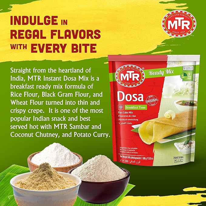 MTR Instant Dosa Mix - Ready to Cook Authentic Indian Breakfast, Lunch, Dinner or Snack Meal - No Added Preservatives - A Quick & Easy Recipe Suitable for Vegetarians - (500g, Pack of 3)