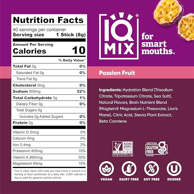 IQMIX Hydration Electrolyte Powder ??4-in-1 Formula for Hydration, Mental Clarity, Mood and Recovery ??Sugar-Free Drink Mix, Keto, Magnesium L-Threonate, Lion?™s Mane ??40 Count Passion Fruit