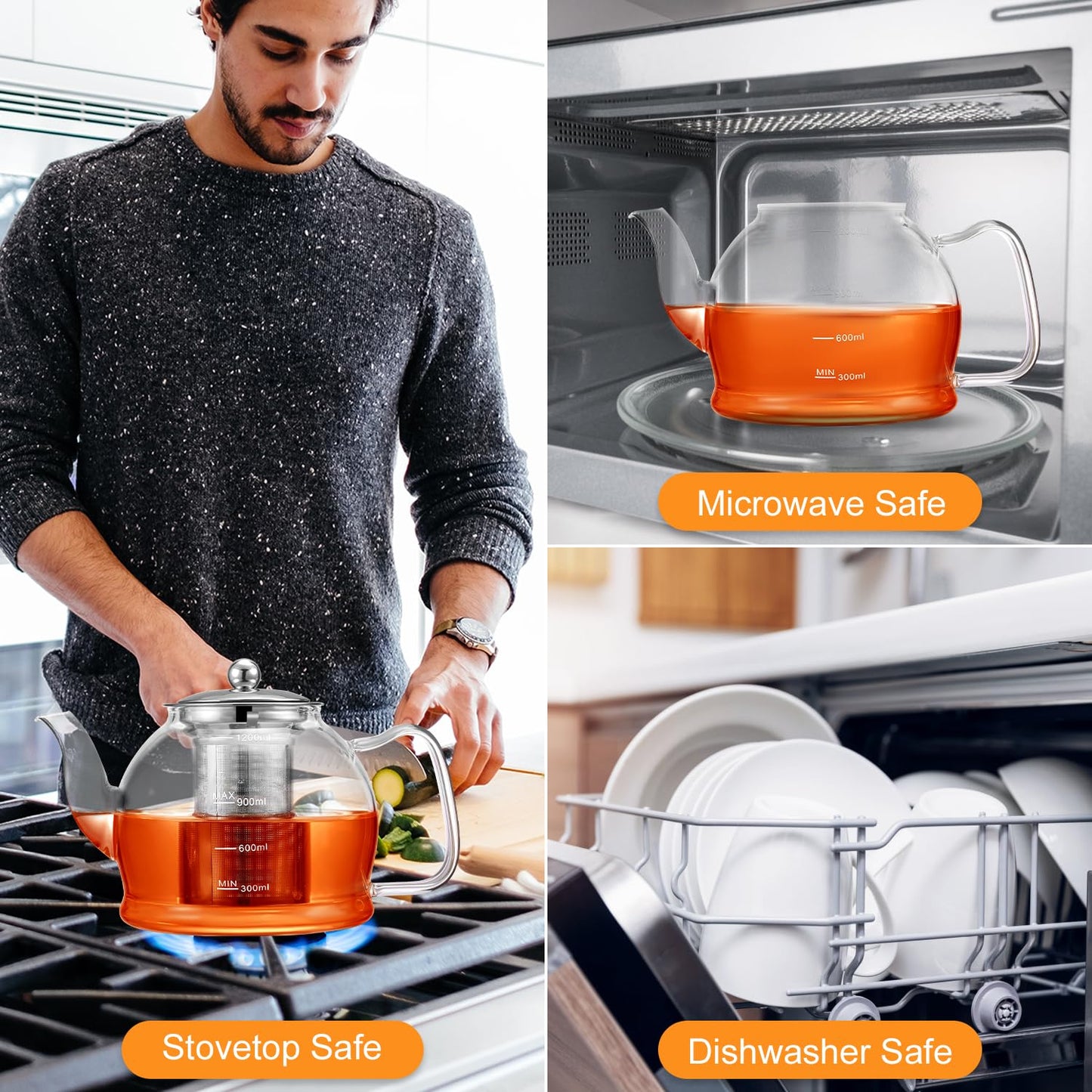 STNTUS Glass Teapot, 40 oz. / 1200 ml for Loose Tea, With Infuser and Stainless Steel Strainer