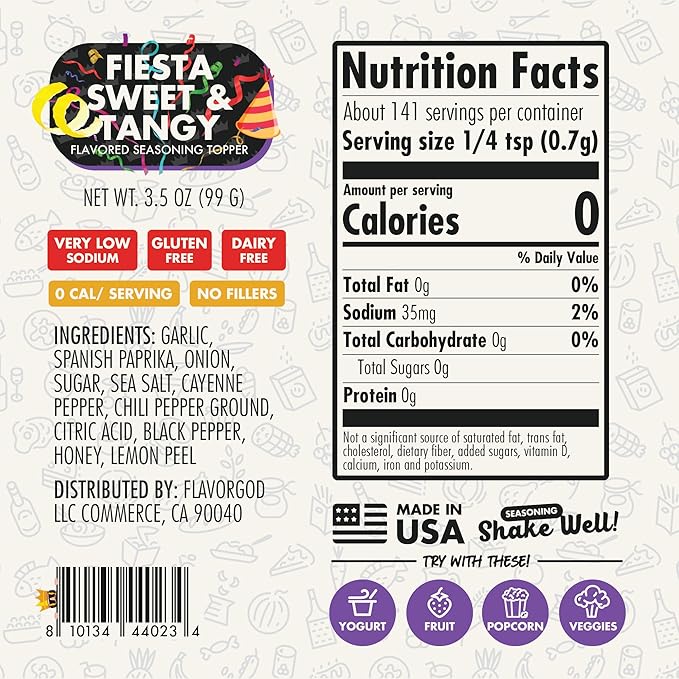 Fiesta Sweet & Tangy Seasoning Mix by Flavor God - Premium All Natural & Healthy Spice Blend for Salad, Pasta, Chicken & Seafood - Kosher, Low Sodium, Dairy-Free, Vegan & Keto Friendly