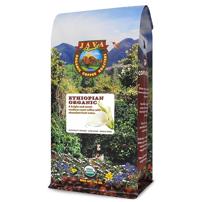 Low Acid Organic Coffee ??Whole Bean, Mold-Free & Stomach Friendly by Java Planet, Ethiopian Single Origin Coffee, Medium Roast, Smooth Full Flavored, 1LB Bag