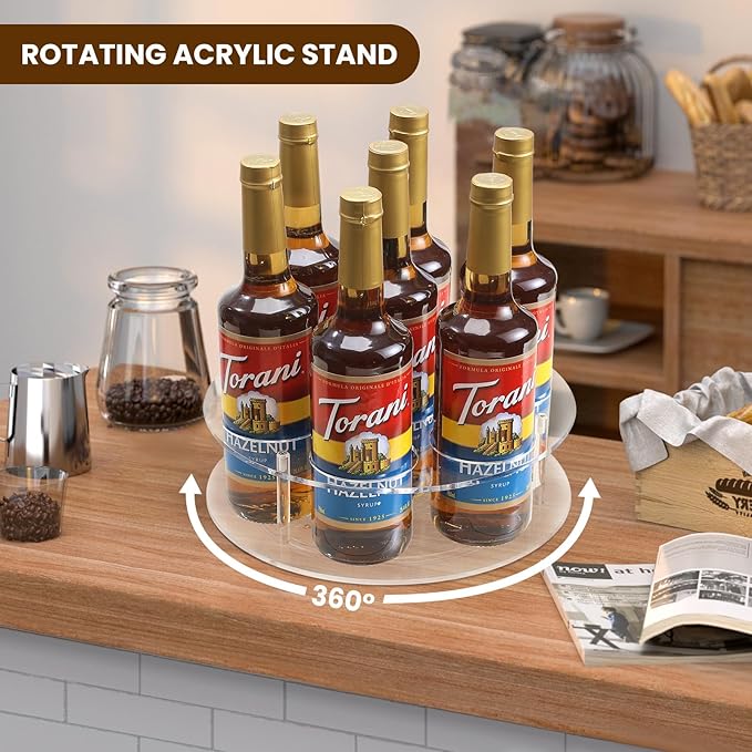 IEEK Large Rotating Coffee Syrup Organizer 7 Bottles Clear Acrylic Coffee Syrup Rack for Countertop Syrup Bottle Holder Stand With Anti Slip Pad for Coffee Bar Station,Turntable Wine Display Tray