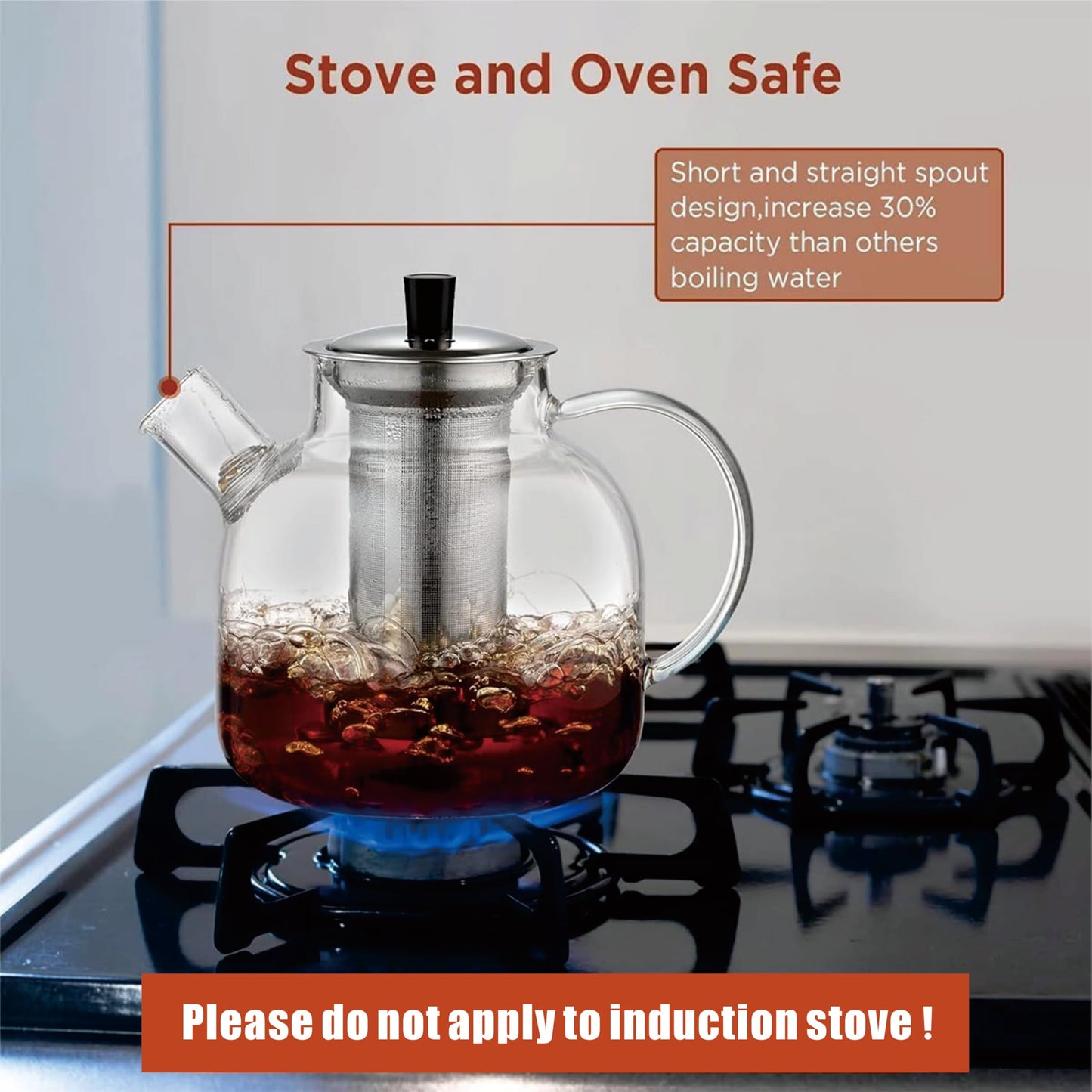 1500ml(50oz) Glass Teapot with Removable Infuser, Ehugos Stovetop Safe Large Tea Pot, Blooming and