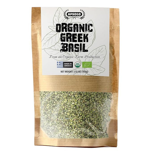 APSOGO Organic Dried Basil - Greek Basil Leaves for Cooking, Pure & Aromatic Herb Seasoning - 3.52oz Pouch – All-Natural Mediterranean Spice