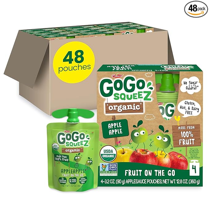 GoGo squeeZ Organic Applesauce and Fruit Puree, Apple Apple, 3.2 oz (Pack of 48), Unsweetened Organic Fruit Snacks for Kids, Gluten Free, Nut Free and Dairy Free, Recloseable Cap, BPA Free Pouches