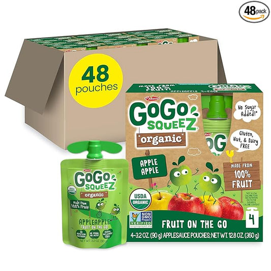 GoGo squeeZ Organic Applesauce and Fruit Puree, Apple Apple, 3.2 oz (Pack of 48), Unsweetened Organic Fruit Snacks for Kids, Gluten Free, Nut Free and Dairy Free, Recloseable Cap, BPA Free Pouches