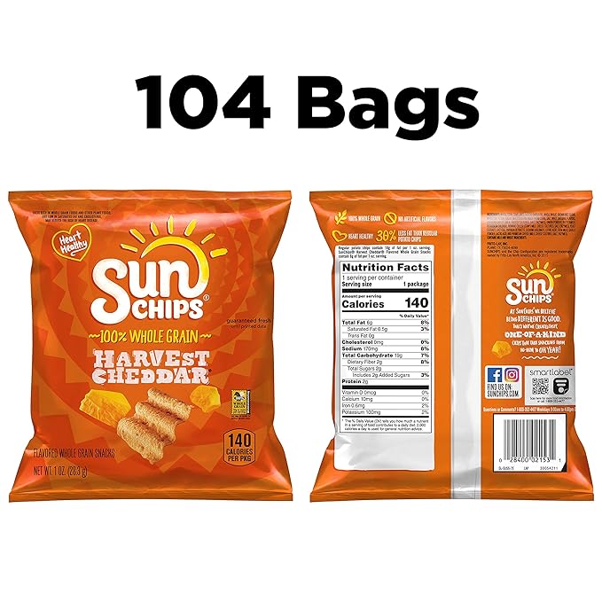 SunChips Harvest Cheddar Flavored Multigrain Snacks, 1 Ounce (Pack of 104)