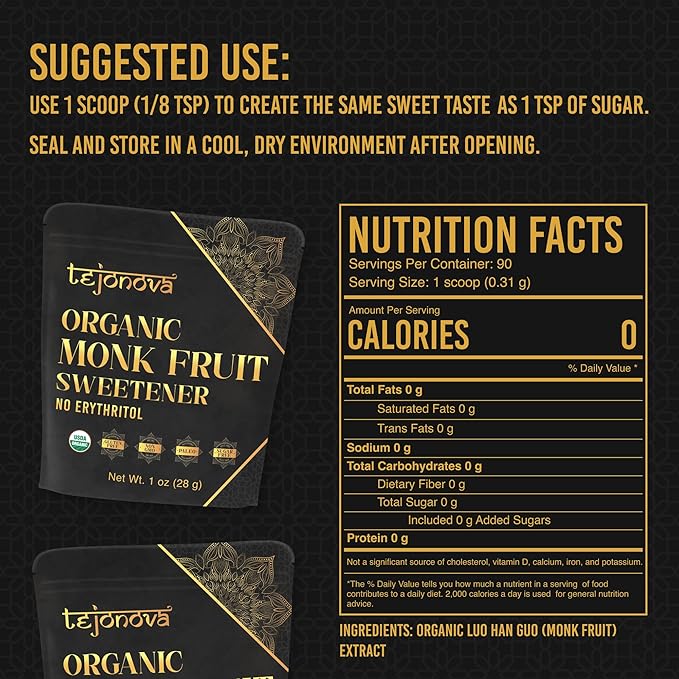 Organic Monk Fruit Powder, Pure Monk Fruit Sweetener No Erythritol, Monkfruit Sweetener Pure Goodness, Monk Fruit Sugar Susbtitute, Monk Fruit Extract Powder, 1oz 90 servings by tejonova