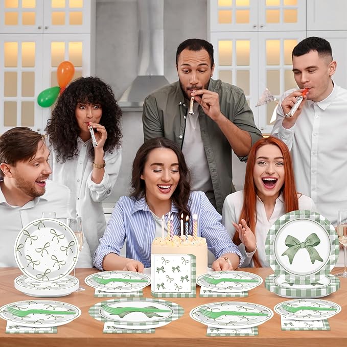 96Pcs Green Plaid Bow Plates and Napkins Coquette Party Decorations Bow Theme Dessert Paper Plates Napkins Forks Birthday Tableware Set for 24 Guests Girls Boys Baby Shower Picnic BBQ Party Suppliess