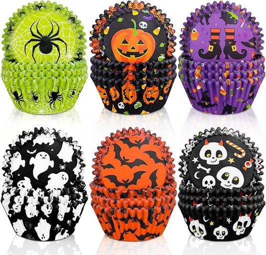 Whaline 600Pcs Halloween Cupcake Liners Pumpkin Witch Legs Bats Ghosts Spider Skulls Cupcake Wrappers Baking Cups Holders Muffin Baking Liners for Halloween Party Supply
