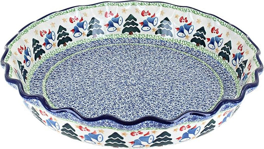 Blue Rose Polish Pottery - Blue Winter Bells Pie Plate - 10" Diameter - Ceramic Baking Dish, For Pies, Quiches & Desserts