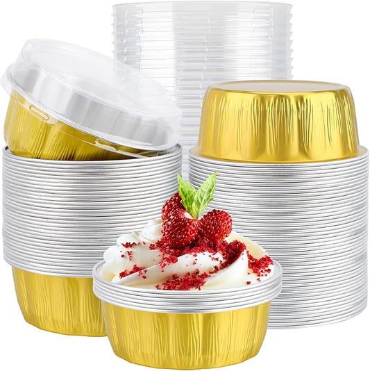 EUSOAR Disposable Muffin Tins, 100pcs 9oz Gold Aluminum Ramekins with Lids, Baking Cups with Lids Cupcakes Bread Pudding Desert Round Holders Tin Pans Cups for Wedding Birthday Theme Party