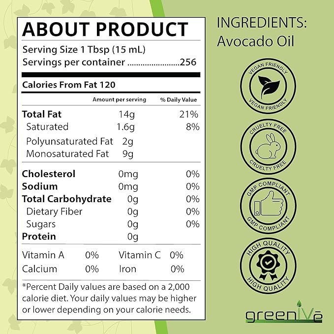 GreenIVe Avocado Oil Naturally Grown 100% Pure Natural without Additives, Clean, Cold Pressed, Non-GMO, Vegan: For Cooking, Frying, Baking and for Sauces, Dressings, Marinades, Salads (1 Gallon)