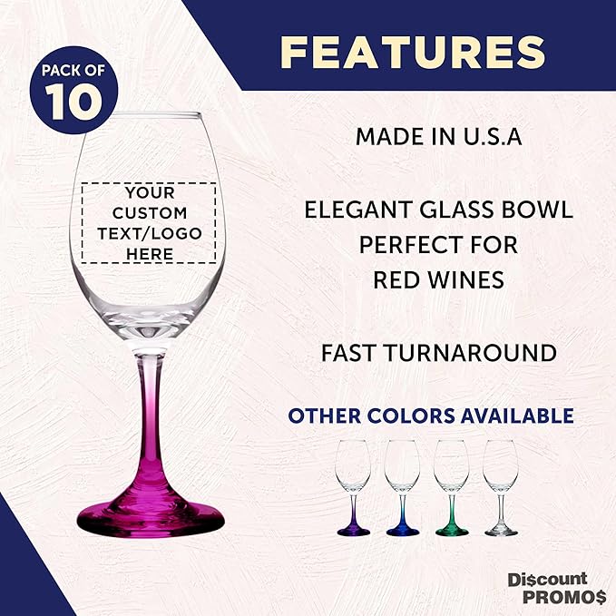 Custom Rioja Wine Glasses with Stem 10 oz. Set of 10, Personalized Bulk Pack - Color Bottom, Perfect for Wedding, Party Favors, Birthday, Bridal Shower Gifts - Pink