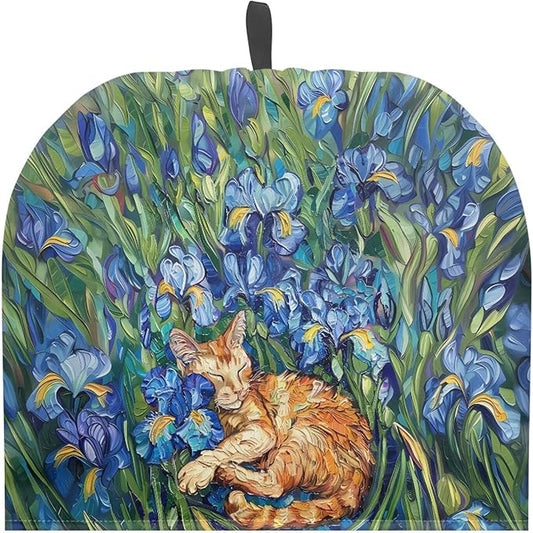 Cute Iris Cat Tea Cosy for Teapot with Handle Kitchen Kettle Dust Cover for Keeping Warm Machine Washable Tea Cosy Fabric Quilted Padding