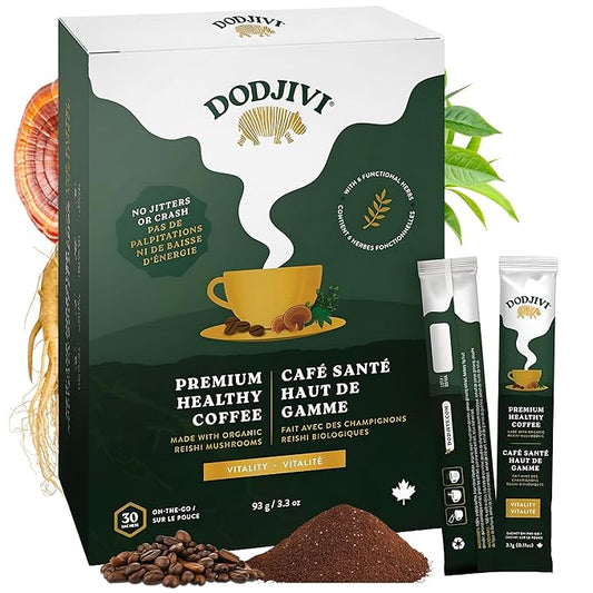 Dodjivi Organic Reishi Mushroom Coffee, Sustained Energy & Focus, Instant Coffee, Arabica with Adaptogenic Herbs, Sugar-Free, Vegan, Keto-Friendly, Low-Acid, Smooth Taste, 30 Sticks Bag
