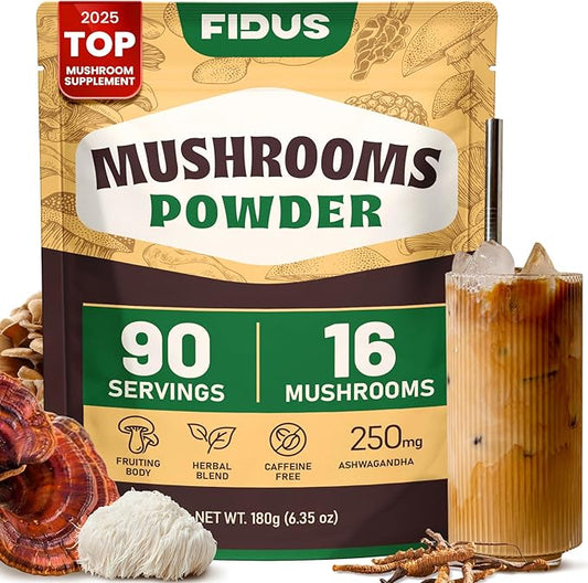 Fidus 16 Mushroom Supplement Powder with 17,300mg, 90 Servings Mushroom Coffee Alternative for