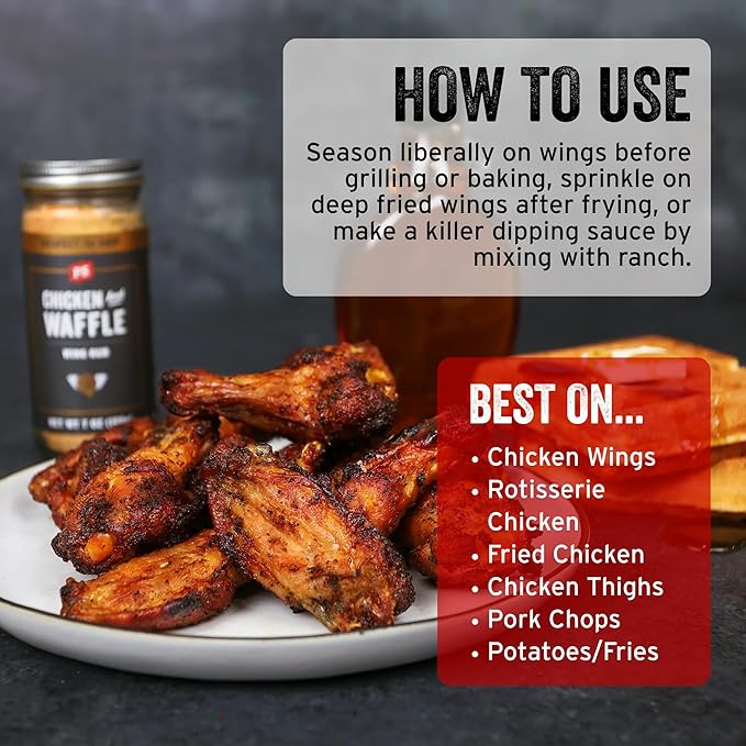 PS Seasoning Chicken and Waffle Wing Rub - Sweet and Smoky Dry Rub with Maple, Bourbon, Hickory - Chicken Wing Seasoning Dust & Topping for Poultry, Turkey, Pork, Fries, Popcorn, 7oz