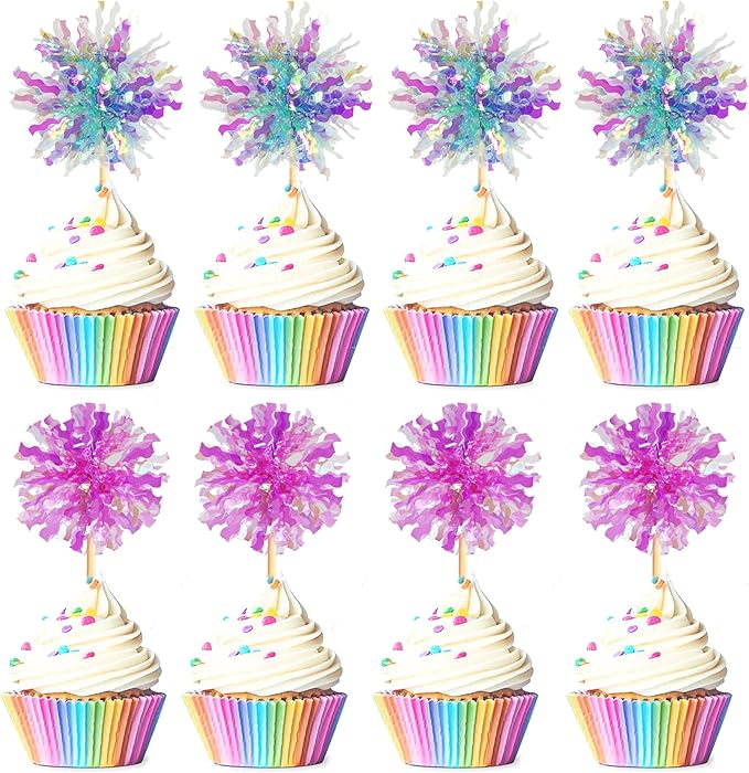 30PCS Cupcake Toppers, Takemay Sparkle Blue and Purple Foil Firework Cake Toppers for Christmas Party Birthday Wedding Ceremony