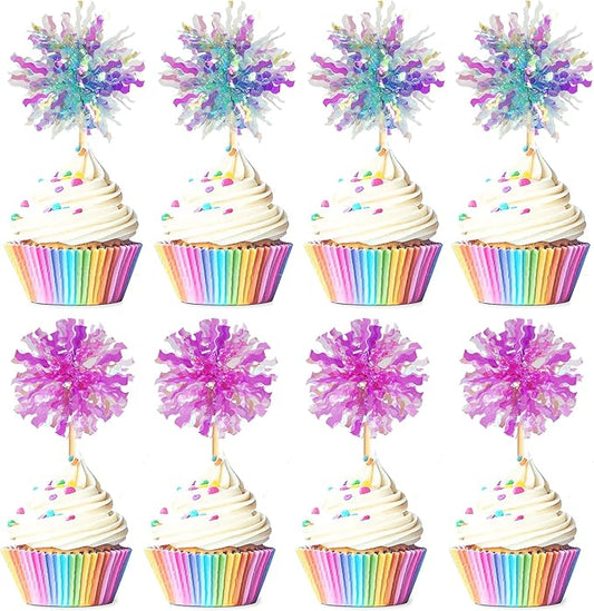 30PCS Cupcake Toppers, Takemay Sparkle Blue and Purple Foil Firework Cake Toppers for Christmas Party Birthday Wedding Ceremony
