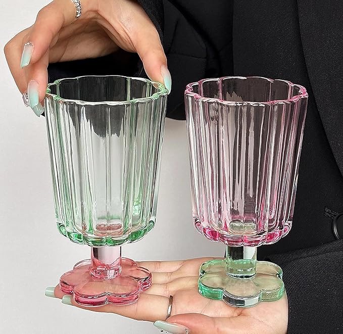 Tall Ripple Drinking Glasses Set of 2 (Pink & Green), Flower Petal Style Glass Goblet, Suitable for Juice, Ice cream, Cocktails, Dessert & More.