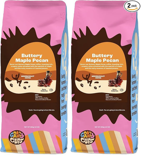 Crazy Cups Flavored Ground Coffee, Buttery Maple Pecan Coffee, For Brewing Flavored Hot or Iced Pecan Coffee, 10oz (Pack of 2)