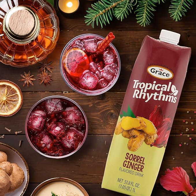 Grace Tropical Rhythms Sorrel Ginger Jamaican Fruit Juice 1 Liter (33.8oz) - 3 Cartons - Authentic Jamaican Ginger Juice Pure Drink