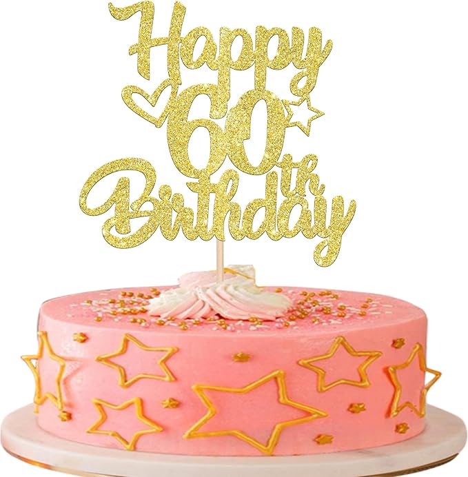 1 Pack Happy 60th Birthday Cake Topper Glitter Heart Star 60 Fabulous Cake Pick Birthday Sign Cake Decorations for Children 60th Birthday Theme Party Supplies Gold