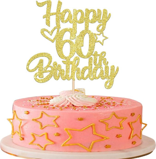 1 Pack Happy 60th Birthday Cake Topper Glitter Heart Star 60 Fabulous Cake Pick Birthday Sign Cake Decorations for Children 60th Birthday Theme Party Supplies Gold