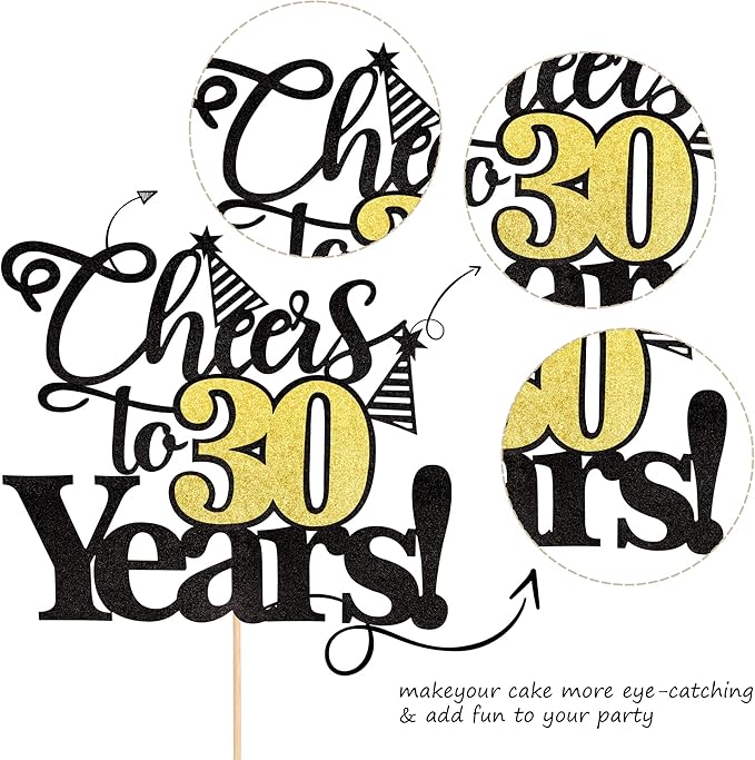 Rsstarxi 1 Pack Cheers to 30 Years Cake Topper Black Glitter Thirty Years Old 30th Birthday Cake Pick Decorations for 30th Birthday Wedding Anniversary Party Supplies
