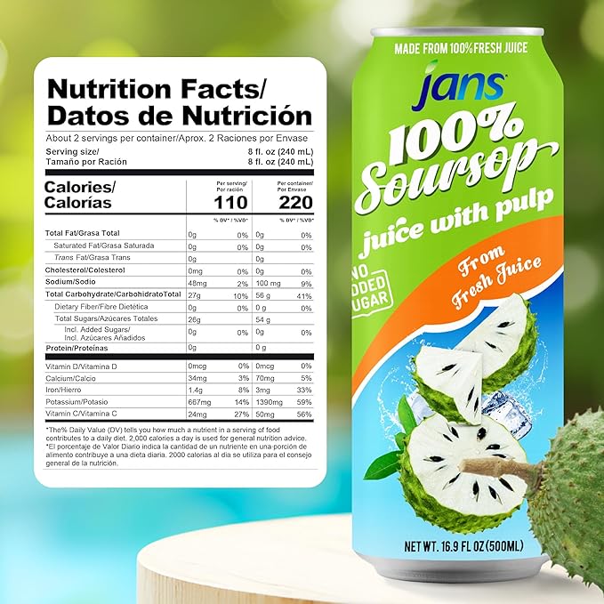 Soursop Juice with Pulp (Guanabana), 16.9 oz (Pack of 12) JANS | 100% Pure Soursop Graviola | NO Sugar Added, NOT From Concentrate, Fat-Free, Cholesterol-Free, Refreshing Taste of the Tropics