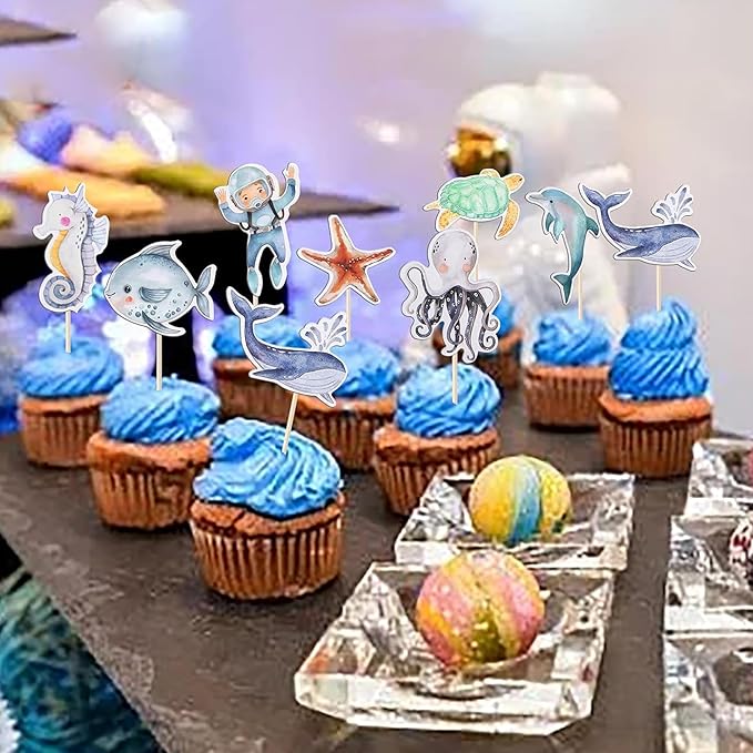 36 Pack Mermaid Cupcake Toppers Under The Sea Octopus Starfish Mermaid Tail Cupcake Picks Jellyfish Seahorse Coral Cupcake Decorations for Baby Shower Under The Sea Birthday Cake Decorations