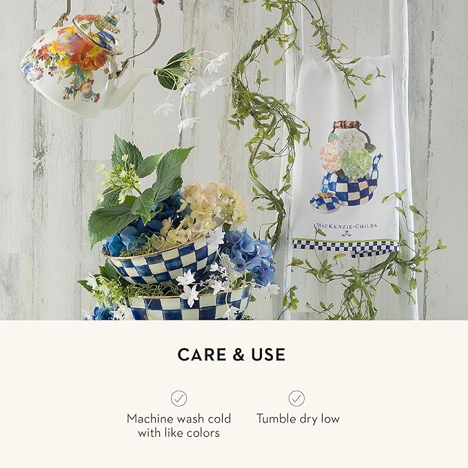 MACKENZIE-CHILDS Cotton Dish Towel, Cute Decorative Kitchen Dish Towel for Cleaning and Home Decor, Set of 1, Hydrangea Tea Kettle