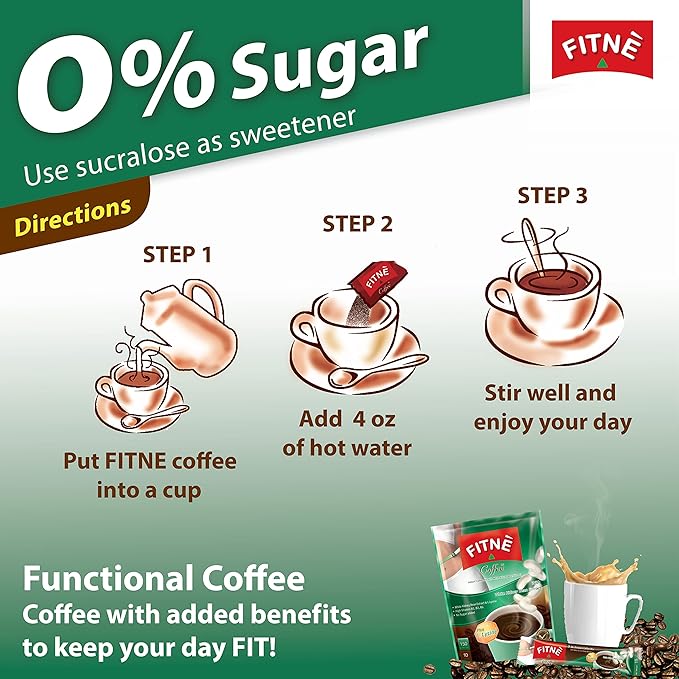 FITNE Instant 3 In 1 Coffee Packets Mix With White Kidney Bean Extract L-Lysine Vitamin B1 B2 B6 Smooth Blend No Sugar Sucralose Sweetener, 10 Sticks