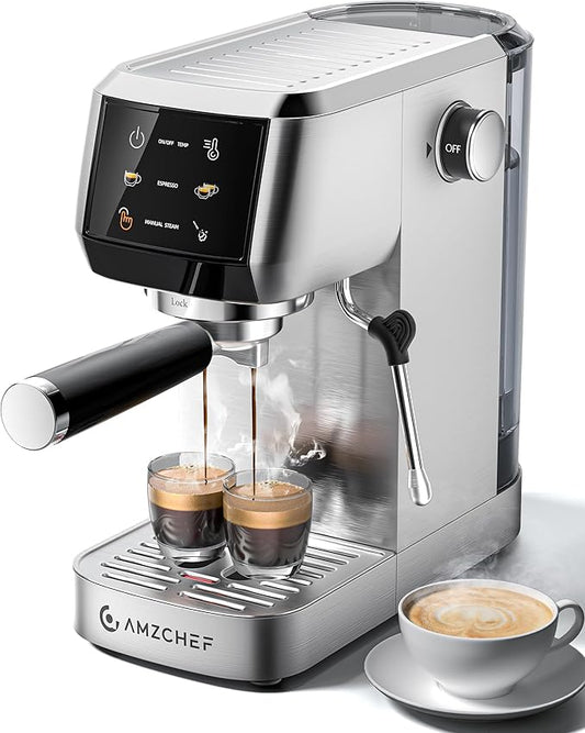 AMZCHEF Espresso Machine 20 Bar ??Professional Coffee Maker with Milk Frother, Adjustable Temperature & Pressure, Compact Stainless Steel Espresso Maker for Cappuccino, Latte, Mocha, 44oz Water Tank