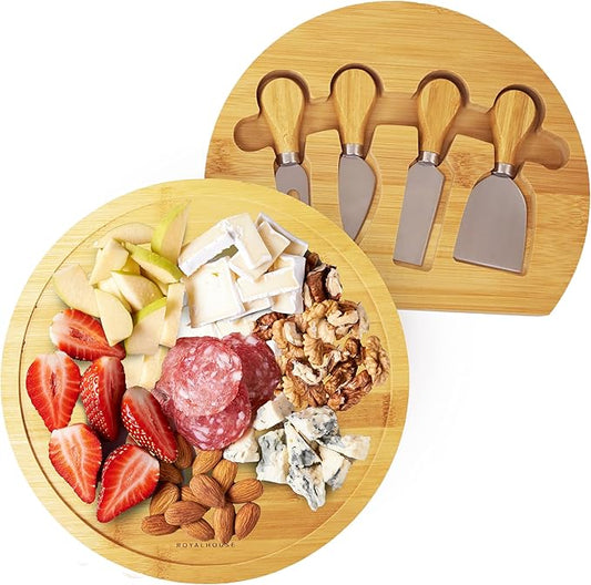 RoyalHouse Bamboo Round Cheese Board and 4 Knives Set with Slide-Out Cutlery Drawer - Charcuterie Boards Set - House Warming Gifts New Home, Wedding Gifts for Couple 2025, Bridal Shower Gifts