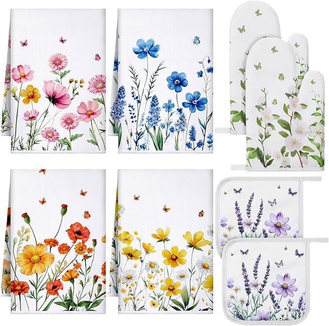 Bencailor 8 Pcs Kitchen Towel Pot Holders and Oven Mitts Set Kitchen Decoration 4 Dish Towels 2 Retro Oven Mitts 2 Potholders for Housewarming Gift Cooking Baking Grilling(Flower,Multicolor)