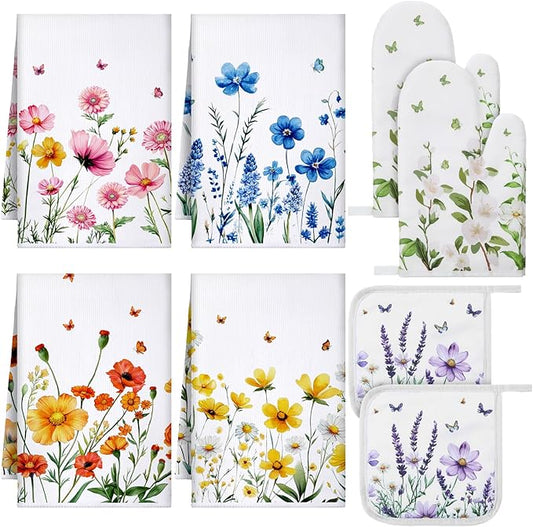 Bencailor 8 Pcs Kitchen Towel Pot Holders and Oven Mitts Set Kitchen Decoration 4 Dish Towels 2 Retro Oven Mitts 2 Potholders for Housewarming Gift Cooking Baking Grilling(Flower,Multicolor)