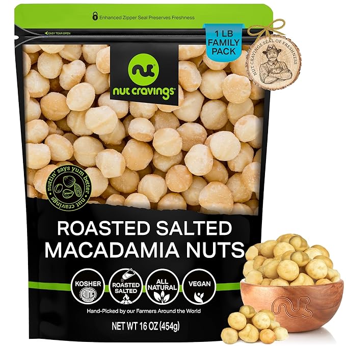 NUT CRAVINGS - Roasted & Salted Macadamia Nuts - No Shell, (16oz - 1 LB) Bulk Nuts Packed Fresh in Resealable Bag - Healthy Protein Food Snack, Food Assortments