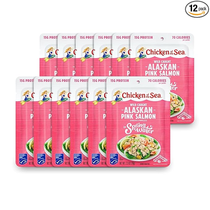 Chicken of the Sea Alaskan Pink Salmon in Spring Water, 2.5 Ounce Packets (Box of 12), Wild Caught, Skinless & Boneless
