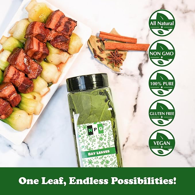NPG Whole Bay Leaves 2 Oz, Dried Laurel Leaf, Aromatic Spice Herbs for Cooking Stew, Soup, Sauces, Seafood, Meat, and Vegetable Dishes