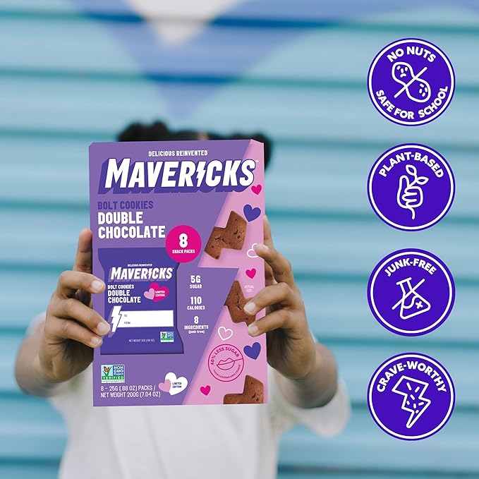 Mavericks Double Chocolate Bolt Cookies - Healthy Chocolate Chip Cookies, Plant-Based Snack for Kids, Nut Free - Holiday Limited Edition, 2 Boxes (16 Pouches)