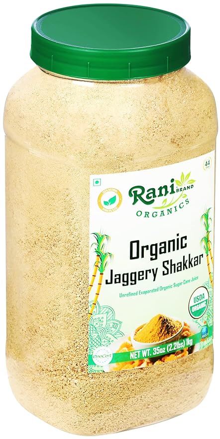 Rani Organic Jaggery Shakkar (Unrefined Evaporated Organic Sugar Cane Juice) 35oz (1kg) PET Jar ~ Gluten Friendly | Vegan | NON-GMO | No Salt or fillers | Indian Product | USDA Certified Organic