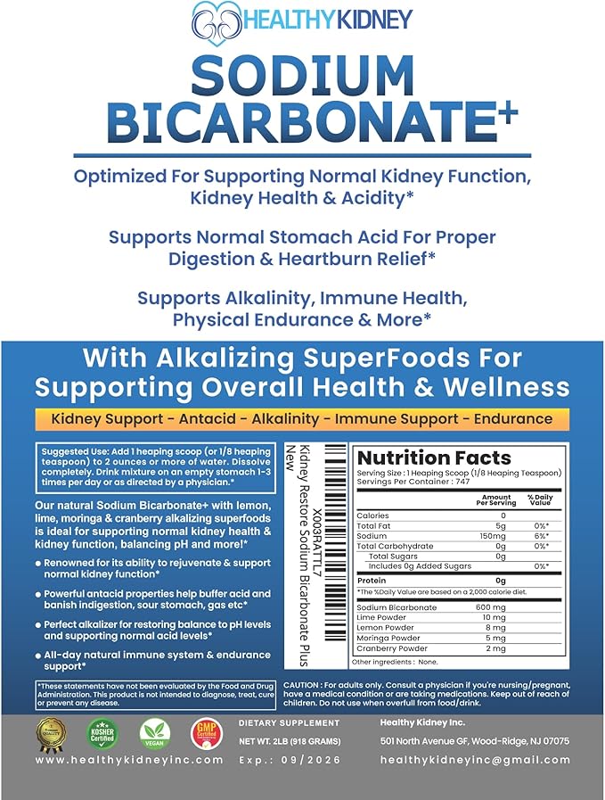 Organic Sodium Bicarbonate Alkaline Supplement For Alkalinity. Support Kidneys & Stomach Acid Neutralizer with Alkaline Superfoods. Sodium Bicarbonate Powder Kidney Immune Support Antacid Sports 2 LB.