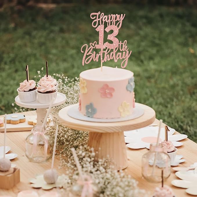 1 PCS Happy 13th Birthday Cake Topper Glitter Cheers to 13 Years Birthday Cake Pick 13 Official Teenager Cake Decoration for Happy 13th Birthday Anniversary Theme Party Decorations Rose Gold