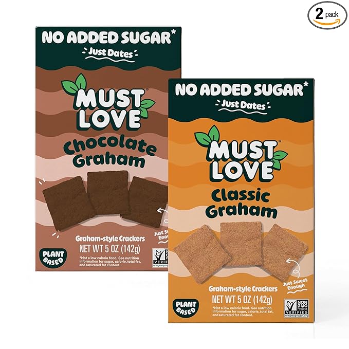Must Love Graham Crackers Sampler - 1 Classic & 1 Chocolate - 5 Oz pack - No Added Sugar, Sweetened with Dates, Great for Pie Crust, Mini S'mores, Cheese Boards - Vegan - Healthy Snacking for Family
